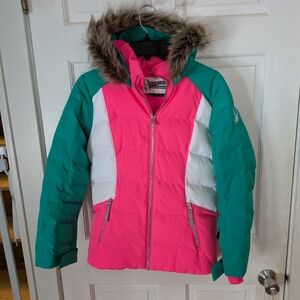 Pink and Green Puffer Jacket with Fur Hood